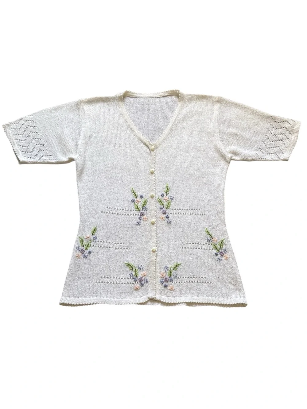 Y2K 80s 90s White Hand Embroidered Eyelet Short Sleeve Top No Size Tag